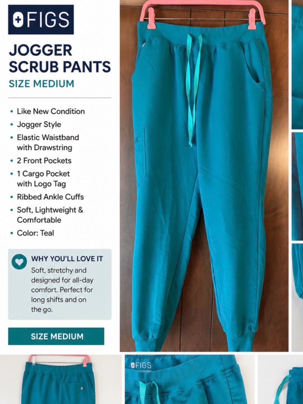 Figs Teal Jogger Scrub Pants size medium
